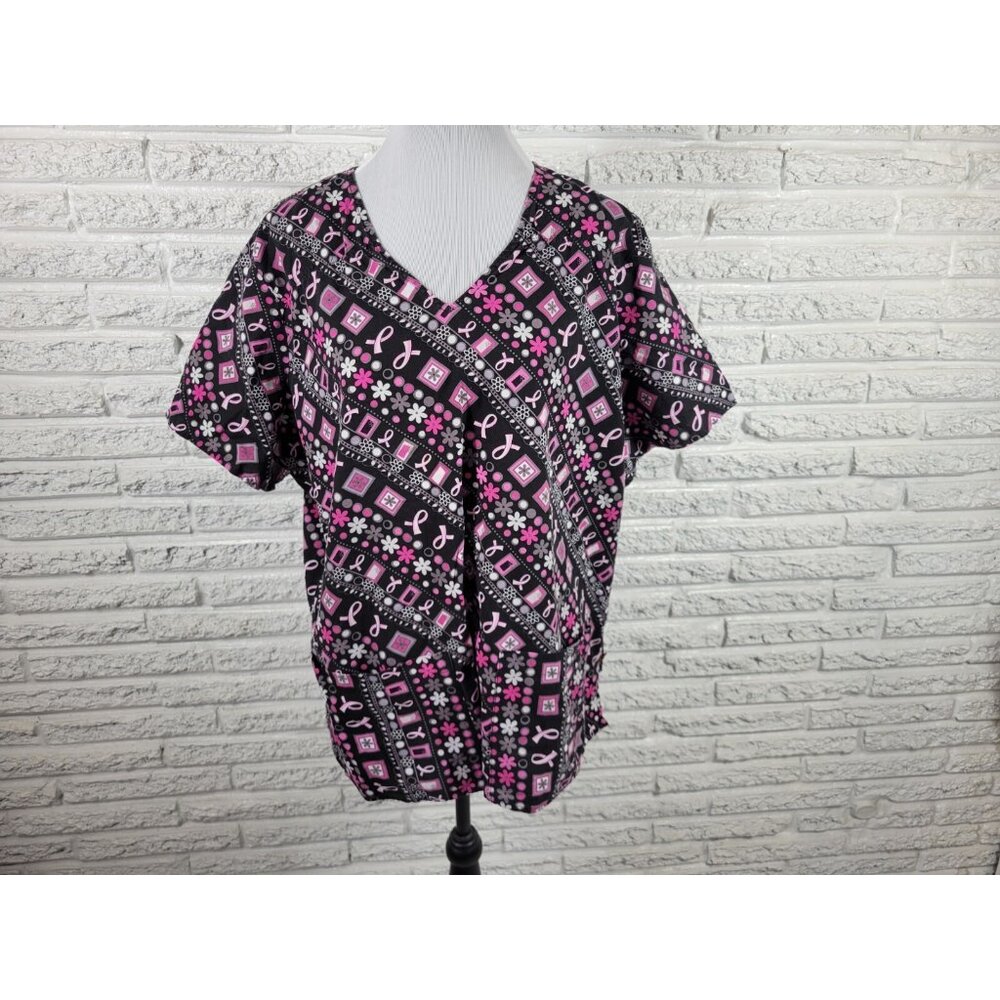 Peaches Scrub Top 3XL Unisex Breast Cancer Awareness Ribbon Pockets NOV167E